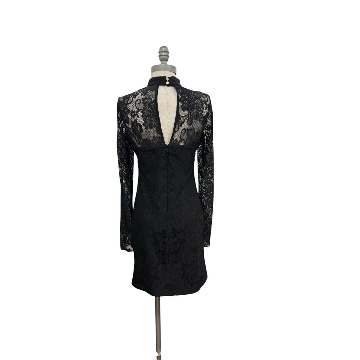 Bebe Black Floral Lace Mini Dress Women's S Long Sleeve Keyhole Back Bodycon NWT