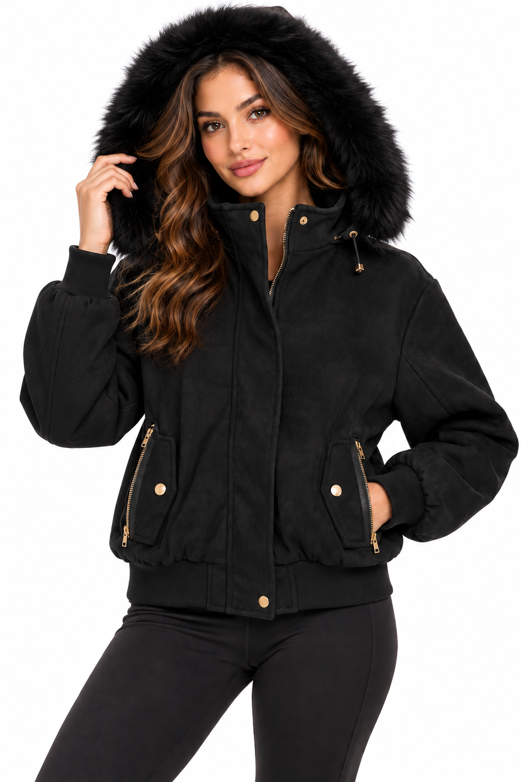 Fur hoodie with warm lining suede leather bomber jacket