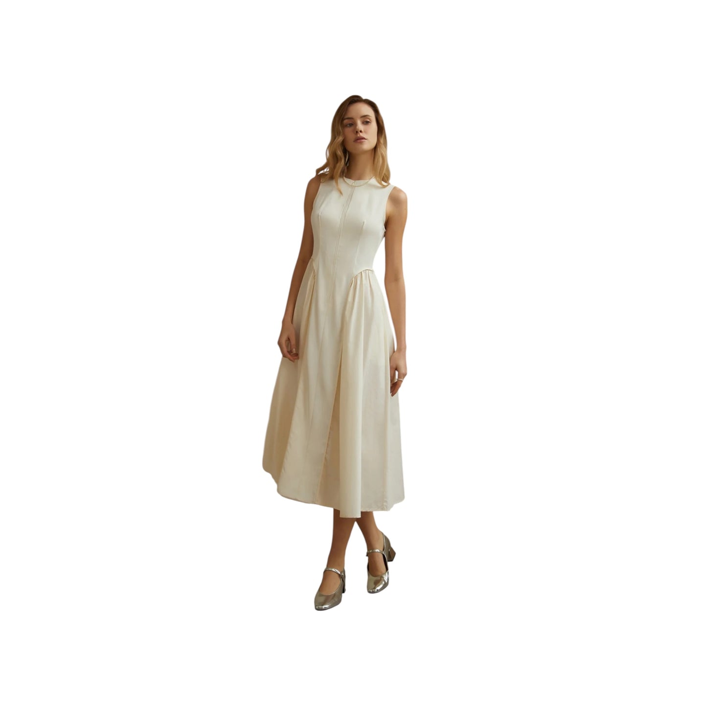 Commense Ivory Fit-and-Flare Midi Dress, Size M