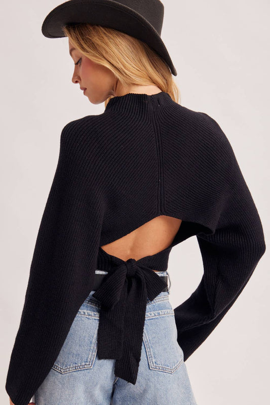 MOCK NECK OPEN BACK RIBBED KNIT TIE SWEATER TOP