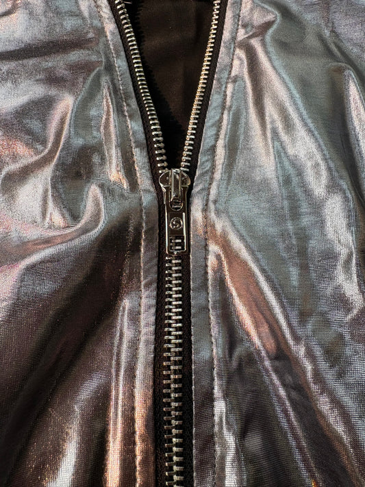 Metallic Gunmetal Silver Zip-Up Jacket Women’s XS Futuristic Windbreaker Moto Style - Preloved