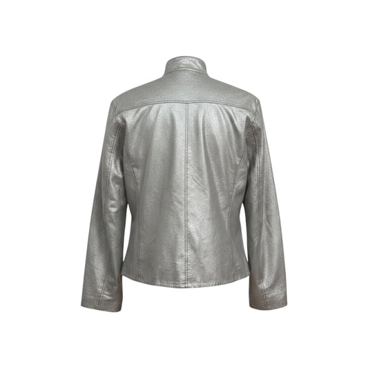 Chico’s Genuine Leather Metallic Silver Moto Jacket Size 1 (Medium 8) Crackle Preloved