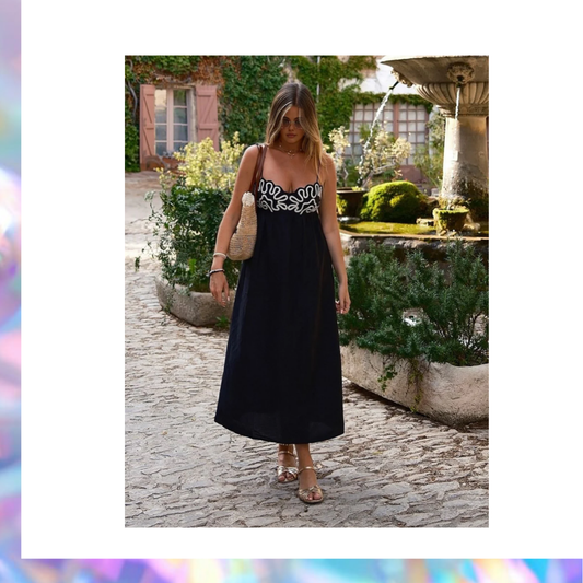 Commense Black Embroidered Shirred Spaghetti Strap Long Dress