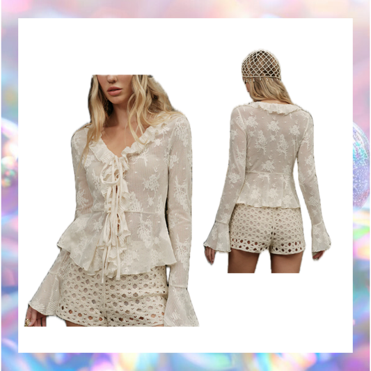 Semi Sheer Lace Floral Raffle Tie Top - Commense