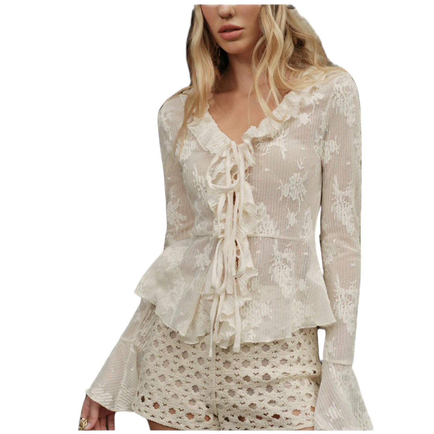 Semi Sheer Lace Floral Raffle Tie Top - Commense Size S - NWT