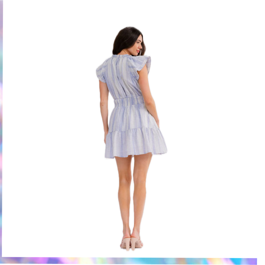 A & She - WOMEN'S RUFFLE SLEEVE V-NECK FRONT POCKETS ELASTIC WAIST STRIPES MINI DRESS