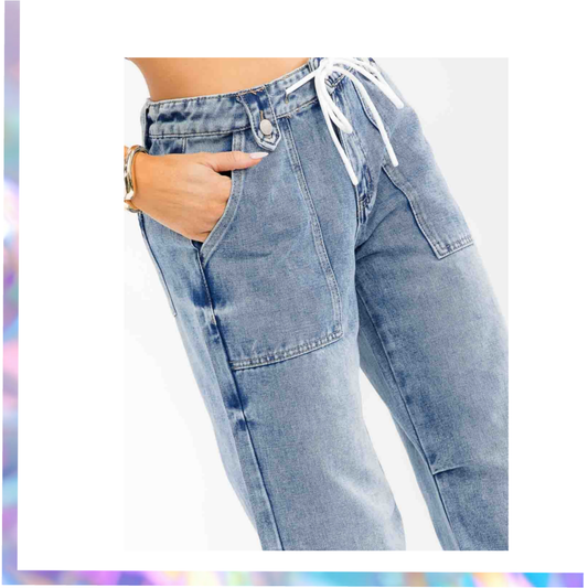 1030 Tenthirty-WOMEN'S BUTTON CLOSURE SELF TIE WASHED DENIM WIDE LEG PANTS