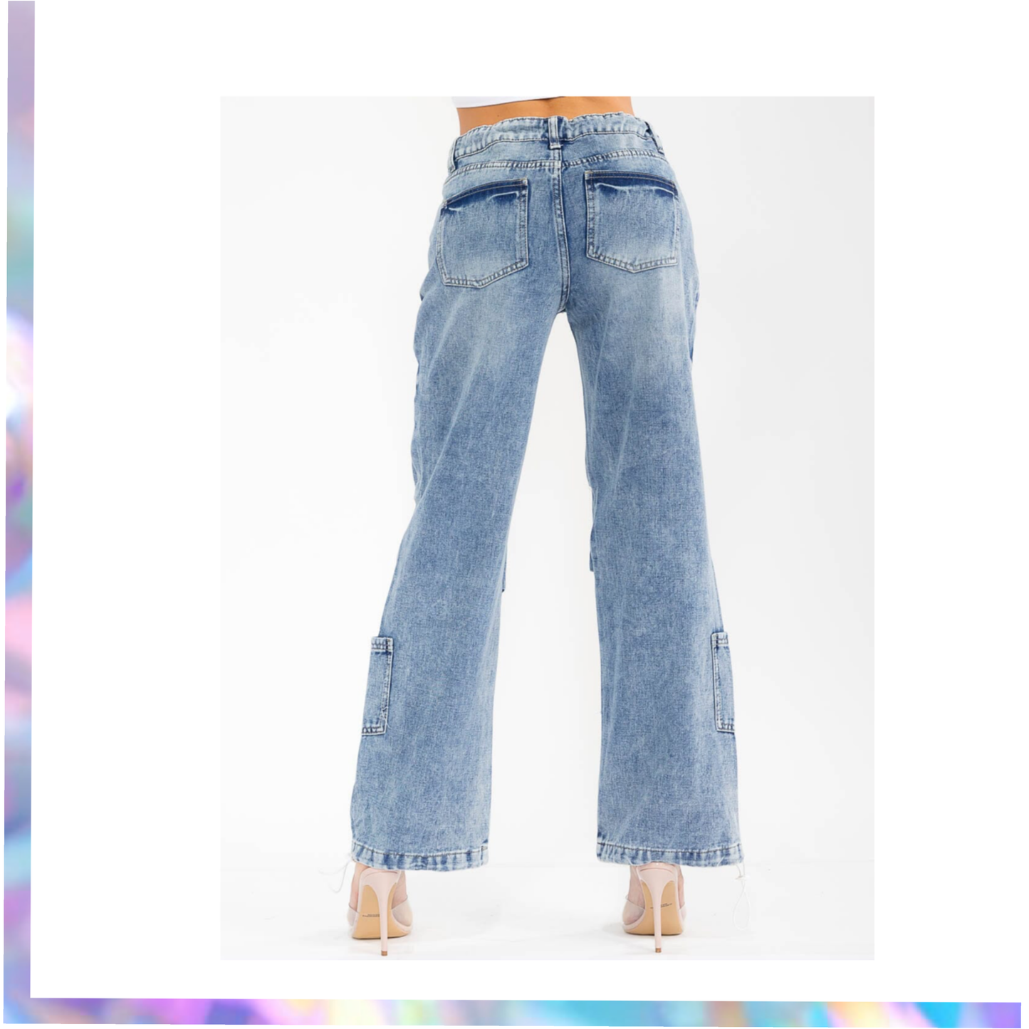 1030 Tenthirty-WOMEN'S BUTTON CLOSURE SELF TIE WASHED DENIM WIDE LEG PANTS