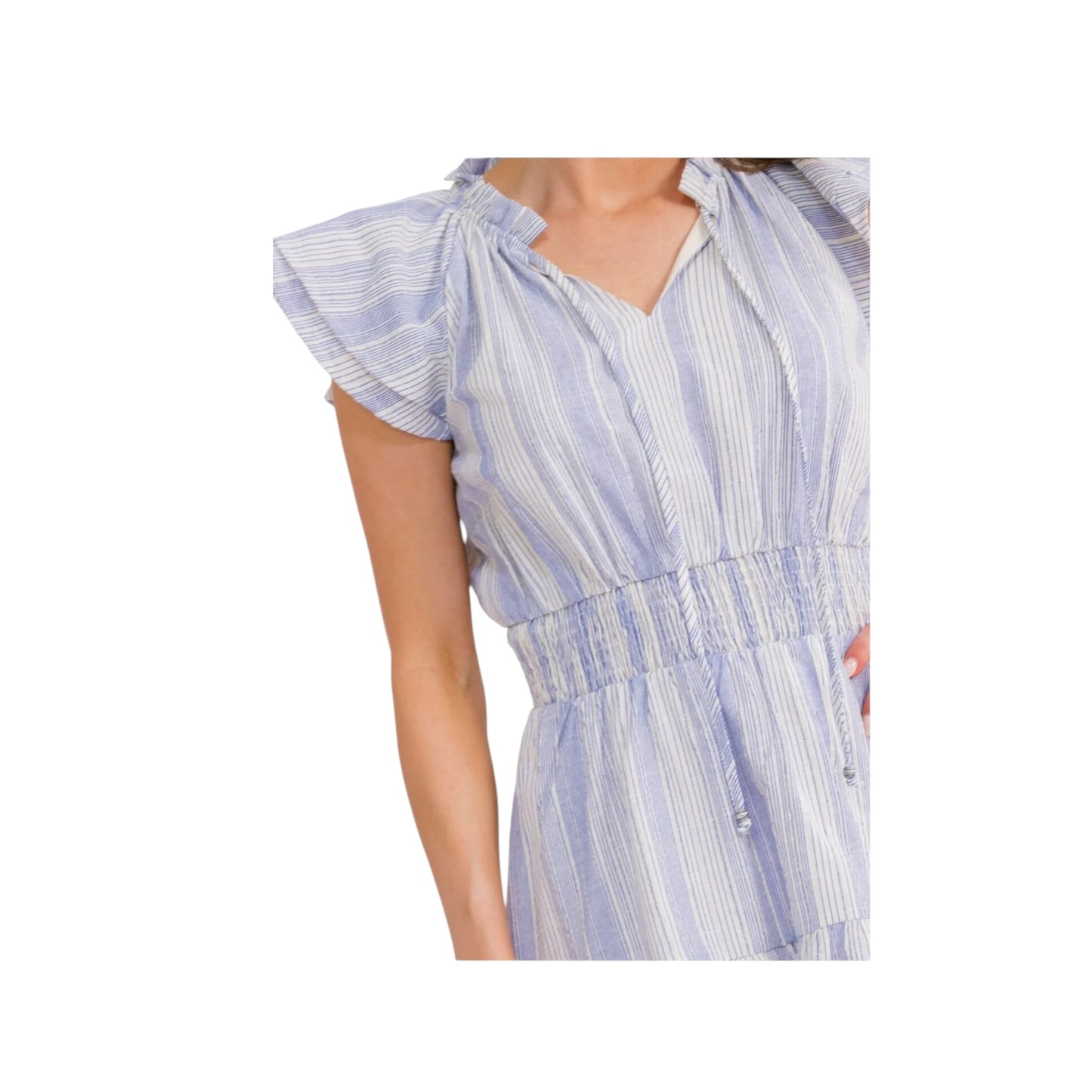 A & She - Blue Stripe Ruffle Sleeve Mini Dress with Pockets