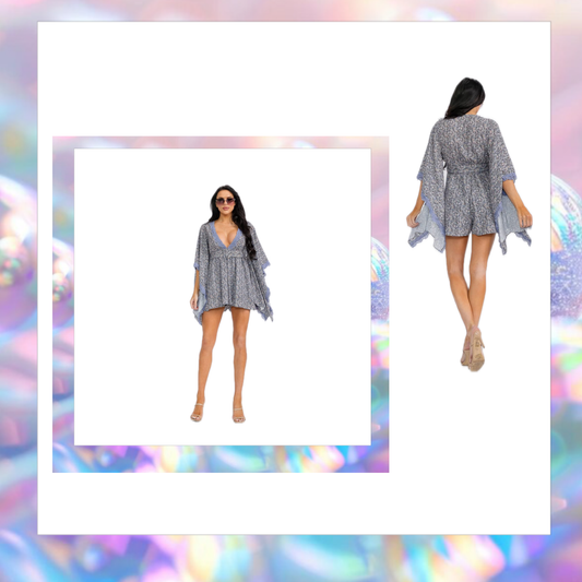 Short Bell Sleeves V-neck Belted Floral Romper