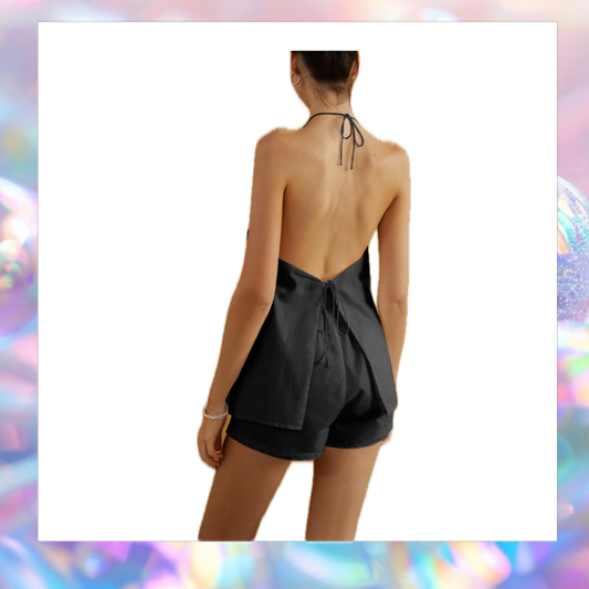 Cotton & Linen Backless Halter Top With Shorts Set-Commense