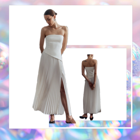 Solid Pleated Strapless Split Dress - Commense