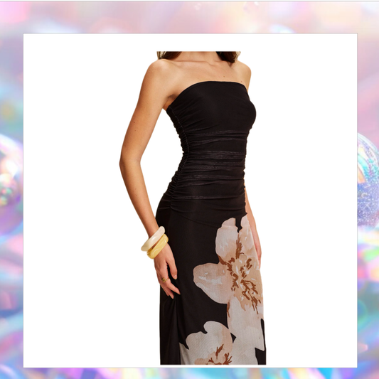 Semi-Sheer Strapless Ruched Floral Mesh Dress - Commense