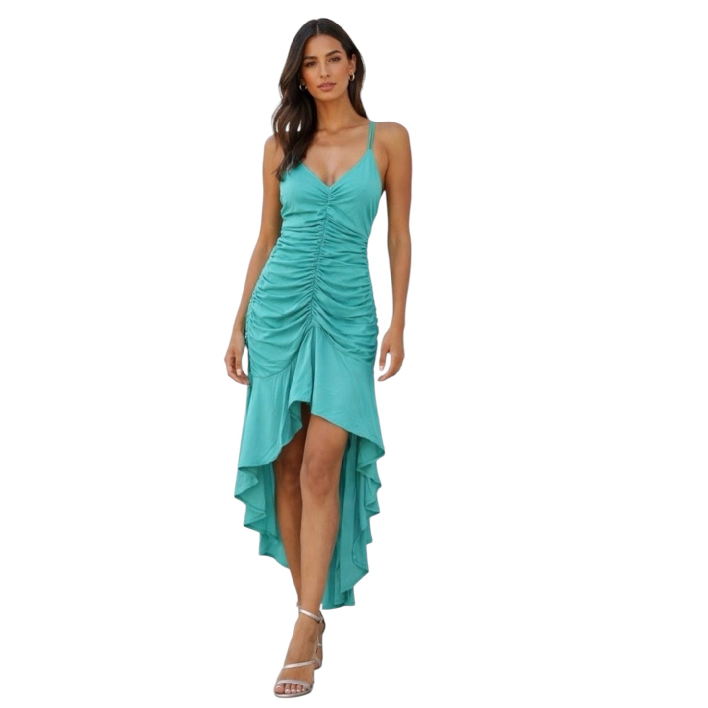 Susana Monaco String Gathered High-Low Maxi Dress NWT “La Plage” Seafoam Ruched