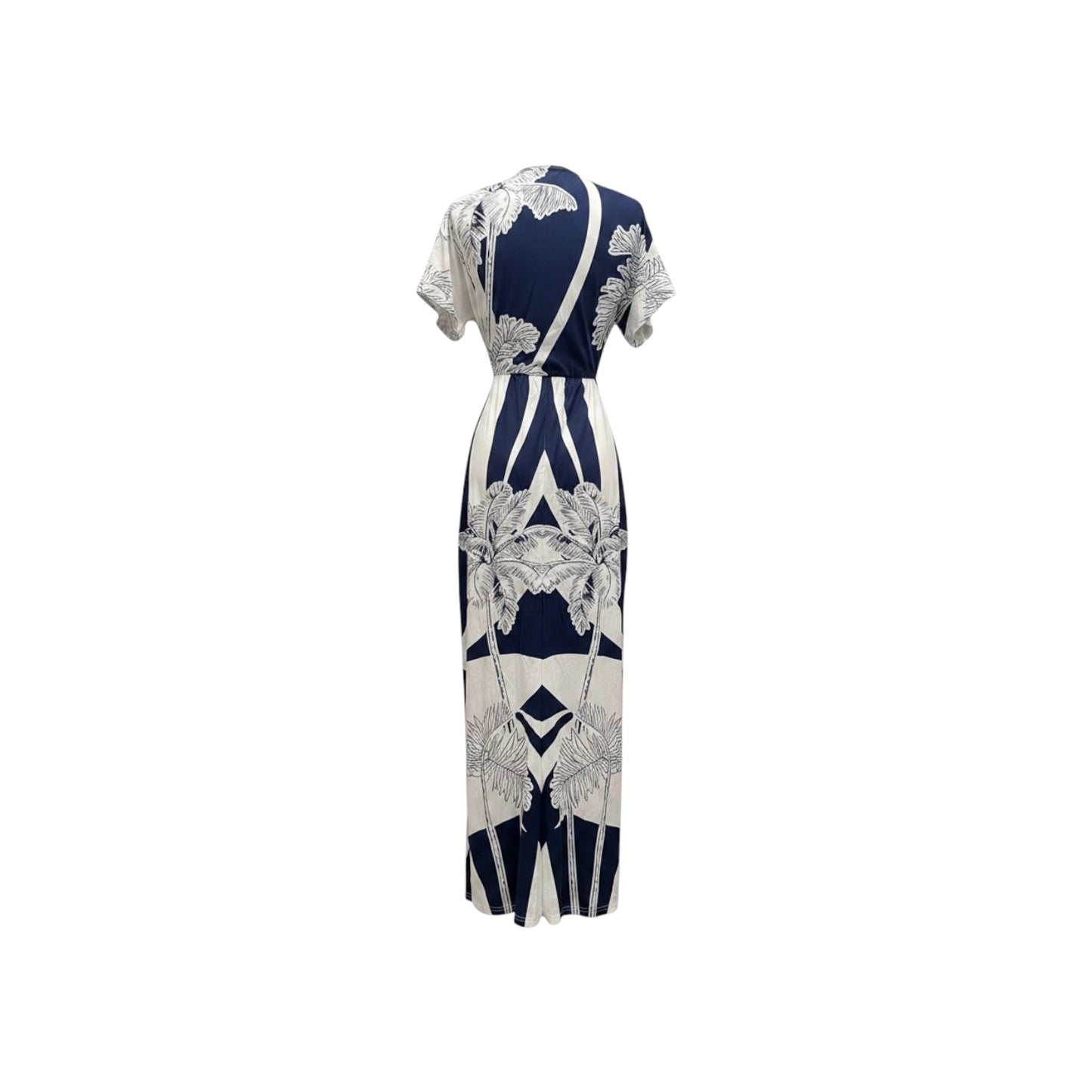 Commense Navy Ivory Palm Print Deep V Maxi Dress w/ Front Slit Size M