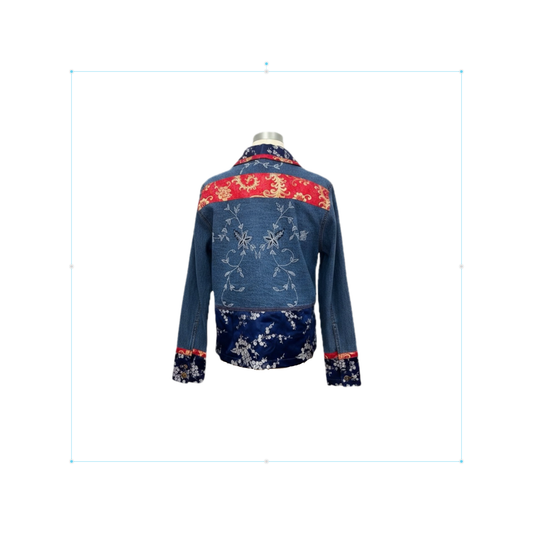Vintage Chico’s Design Denim Jacket Size 0 (S-4) Asian Floral Embroidered Brocade Trim 90s Preloved
