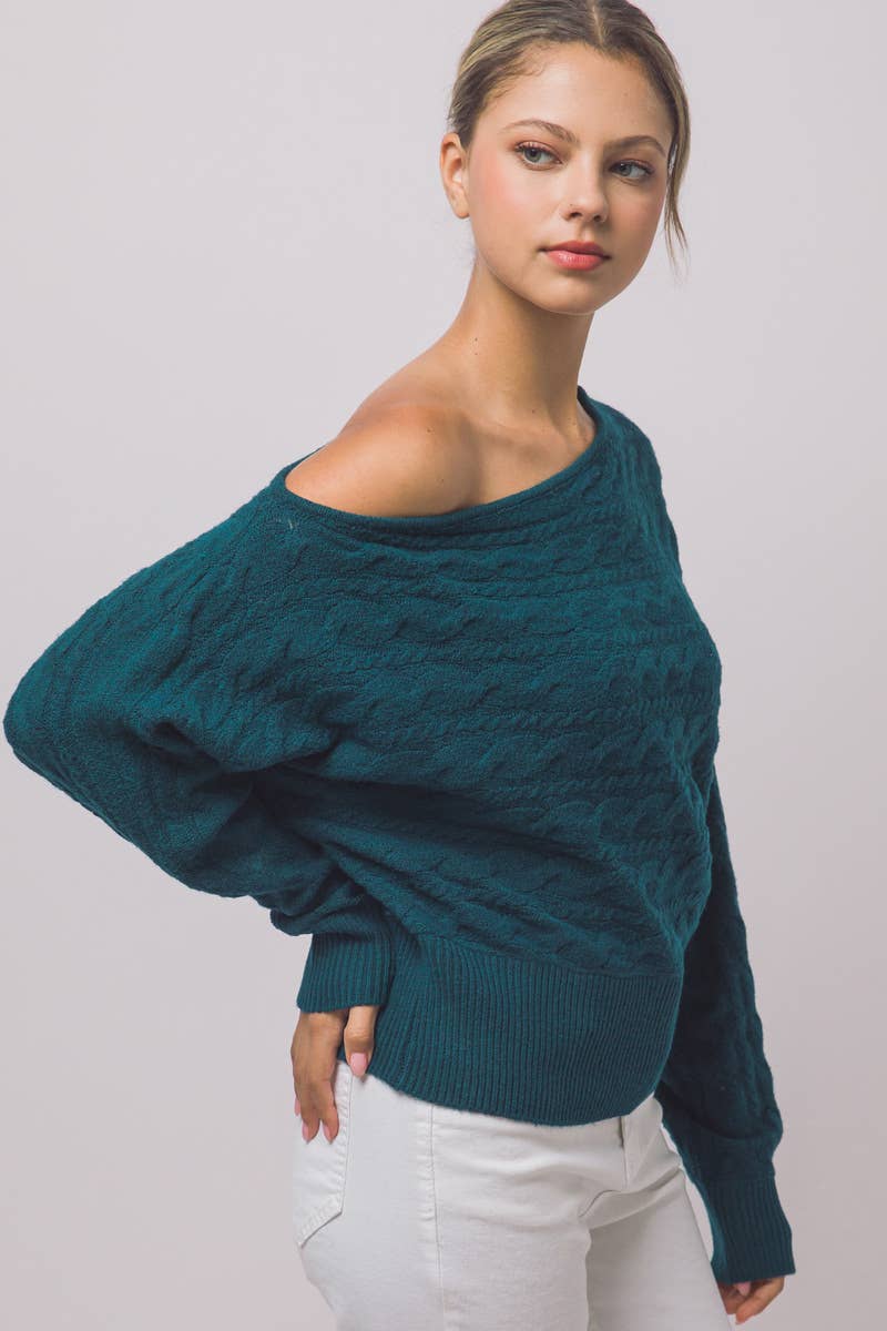 Asymmetric Cable-Knit Off-Shoulder