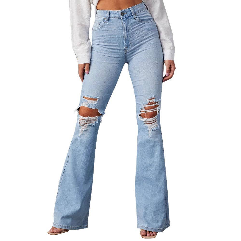 High Waist Distressed Denim Flare Pants for Women