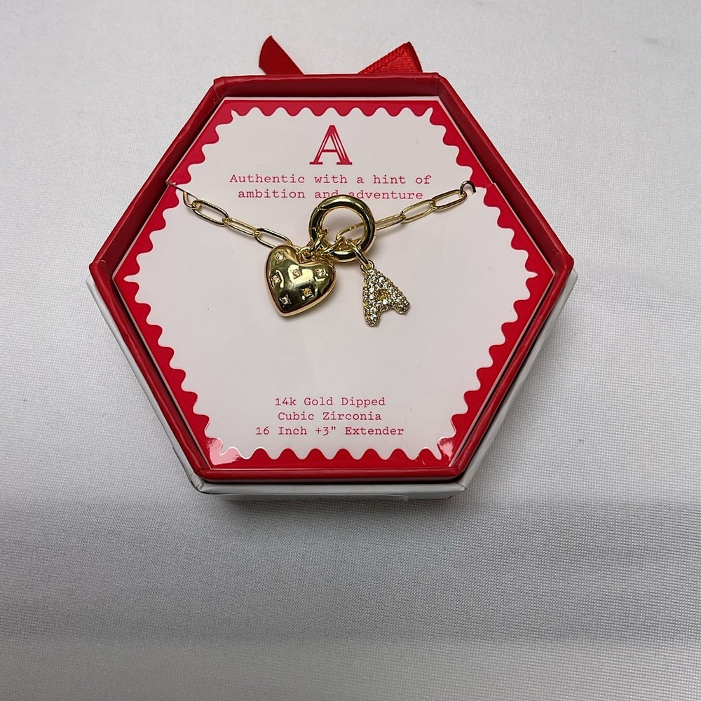 a new day- “A” Initial Gold-Dipped Necklace with Heart & CZ Charm - Gold - New