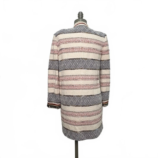 Zara Woman Striped Tweed Long Coat with Fringe Detail Size Small-Preloved