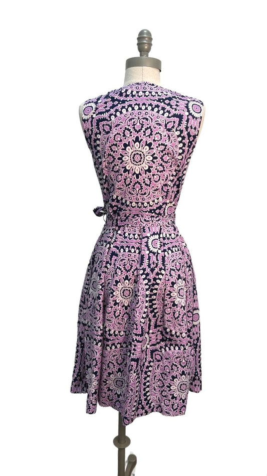 Talbots Petite 2P Sleeveless Cotton Dress Pink Navy Paisley Pattern Waist Tie