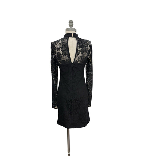 Bebe Black Floral Lace Mini Dress Women's S Long Sleeve Keyhole Back Bodycon NWT