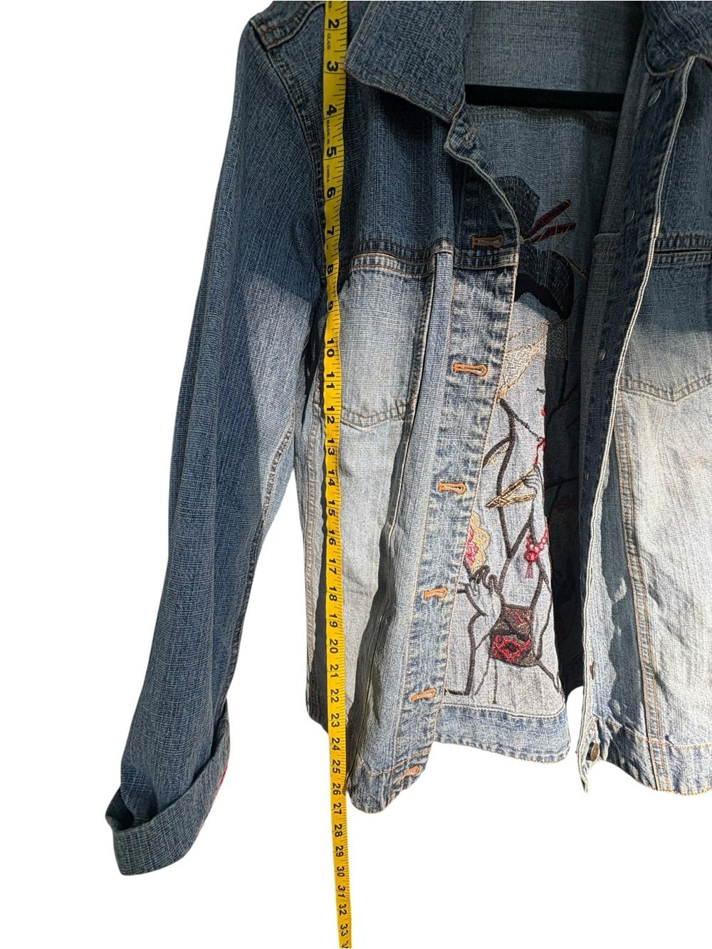 Vintage Chico’s Designed Denim Jacket Sequin Geisha Embroidery Appliqué US 8-10