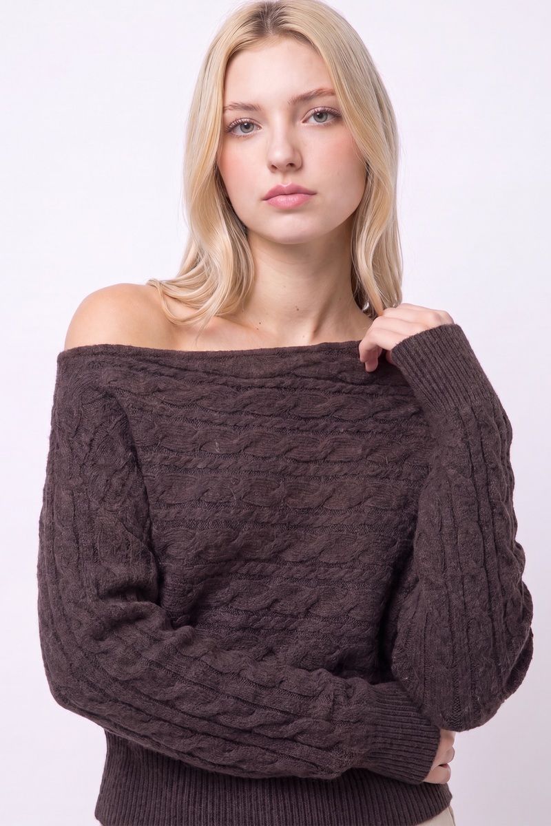 Asymmetric Cable-Knit Off-Shoulder