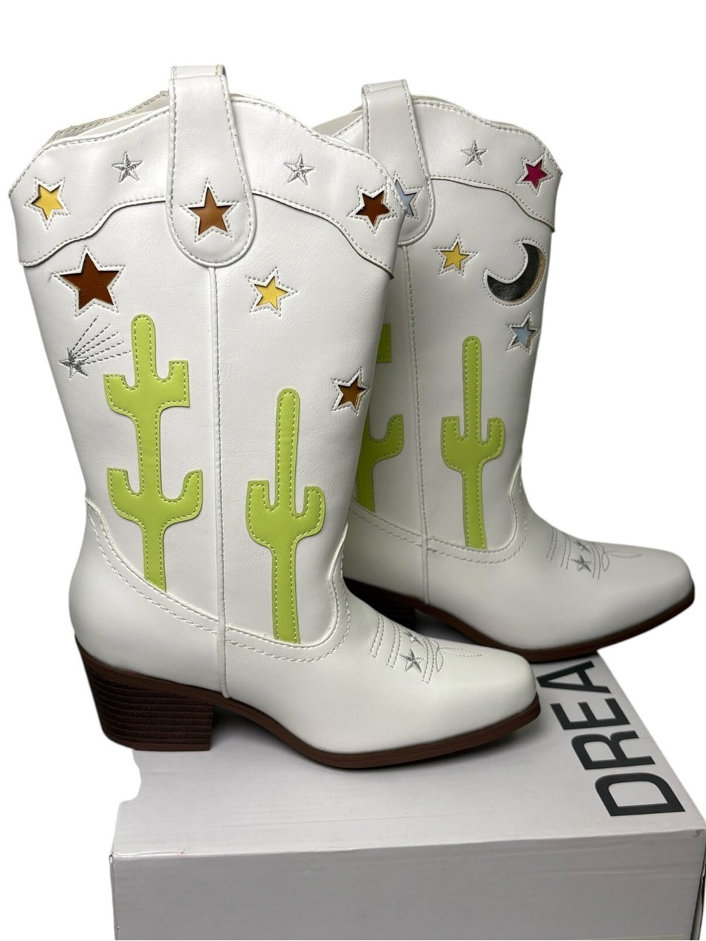 Dream Pairs Kids Girls Western Cowboy Boots White Cactus Star Size 1