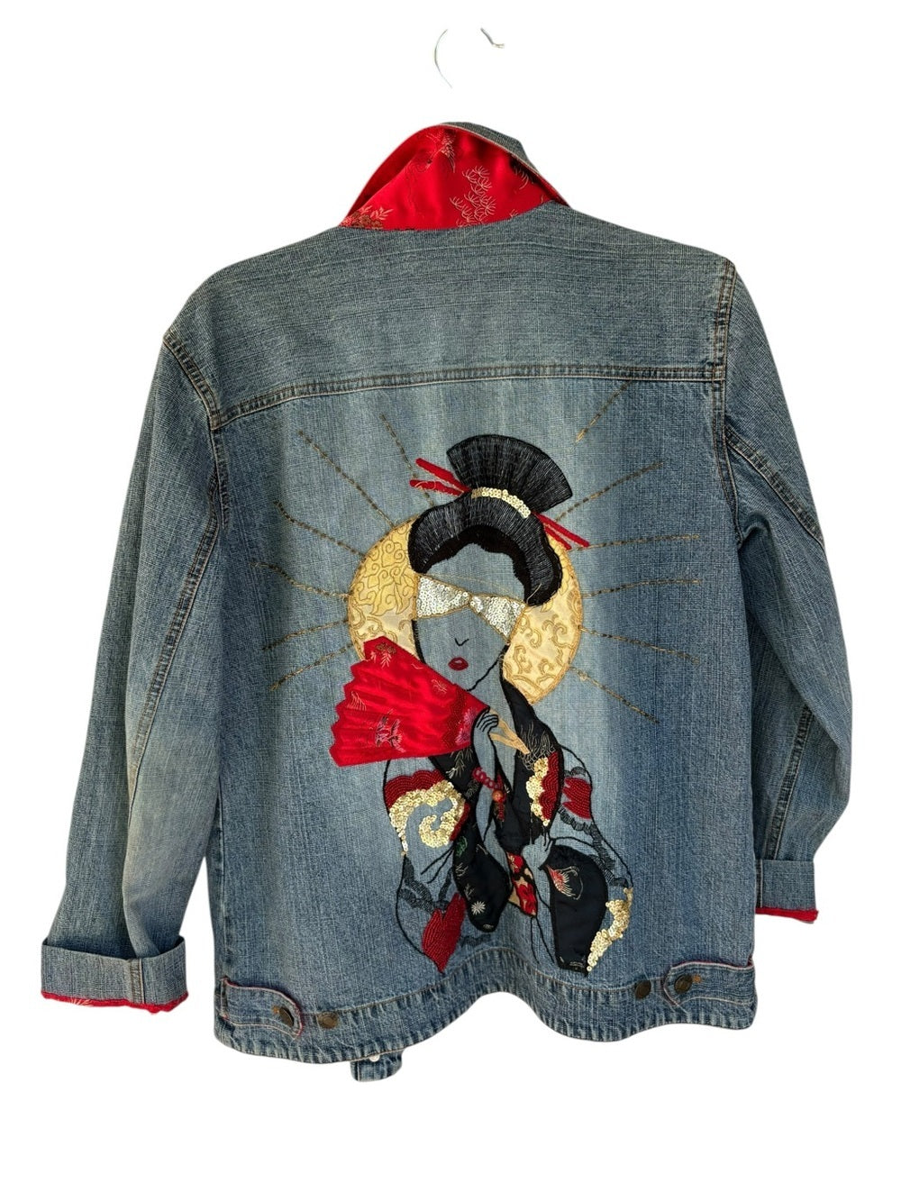 Vintage Chico’s Designed Denim Jacket Sequin Geisha Embroidery Appliqué US 8-10