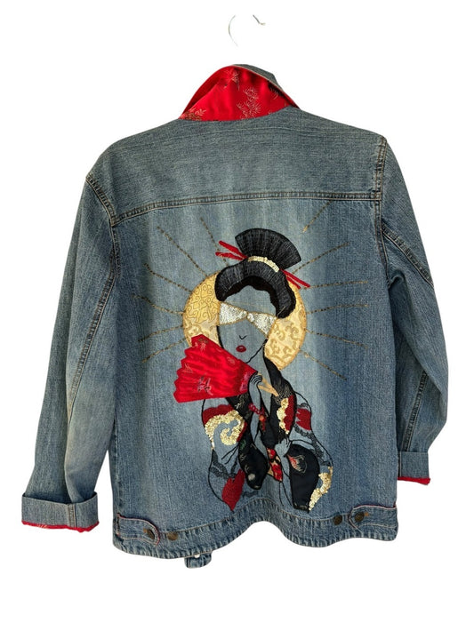 Vintage Chico’s Designed Denim Jacket Sequin Geisha Embroidery Appliqué US 8-10