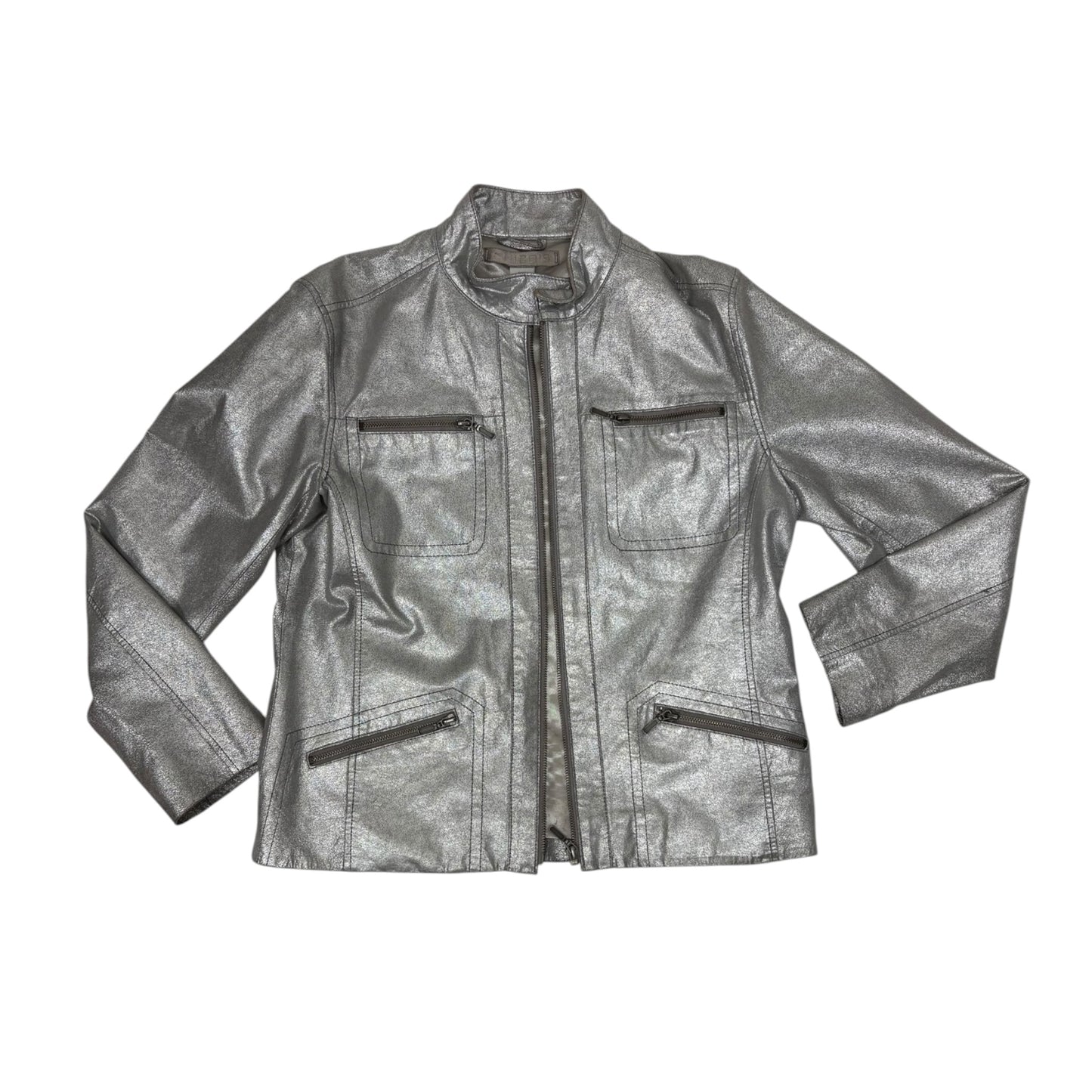Chico’s Genuine Leather Metallic Silver Moto Jacket Size 1 (Medium 8) Crackle Preloved