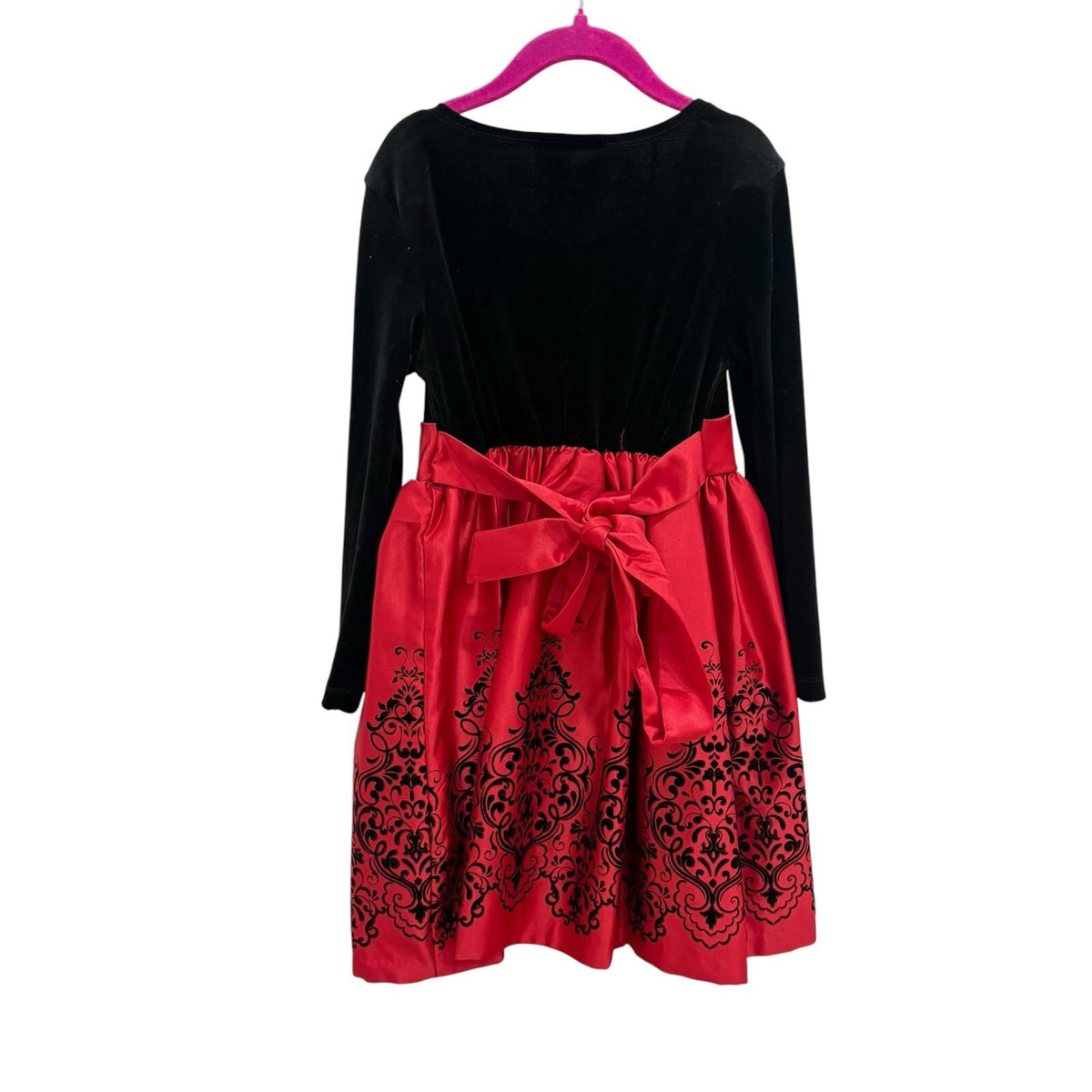 Rare Editions Girls Sz 5 Black Velvet Red Damask Bow Holiday Christmas Dress Preloved