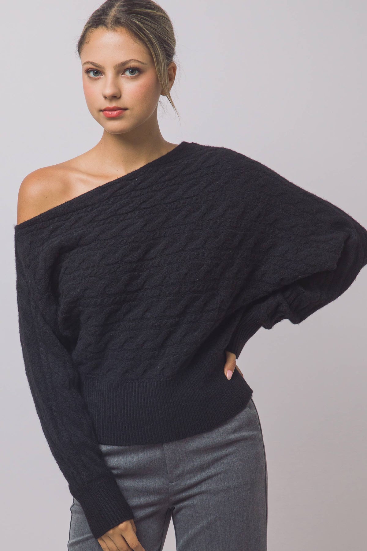 Asymmetric Cable-Knit Off-Shoulder