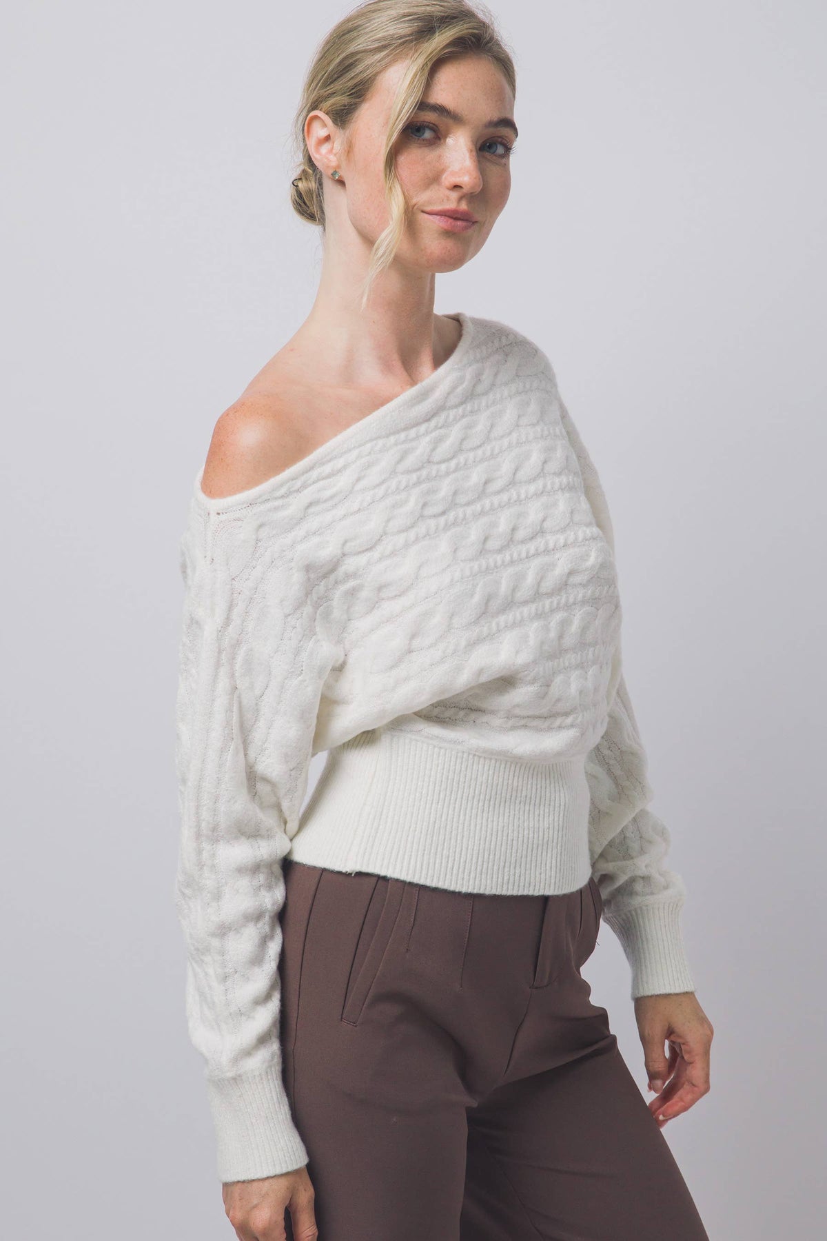 Asymmetric Cable-Knit Off-Shoulder