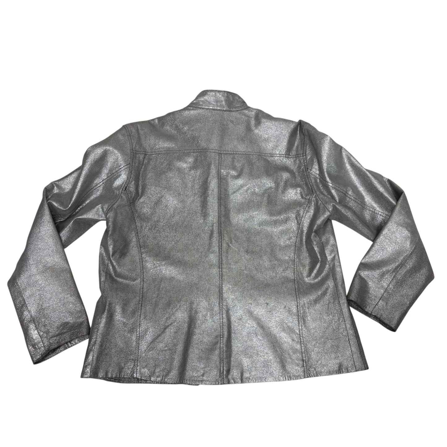 Chico’s Genuine Leather Metallic Silver Moto Jacket Size 1 (Medium 8) Crackle Preloved
