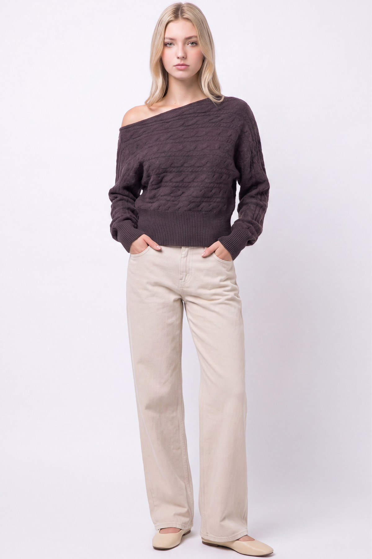 Asymmetric Cable-Knit Off-Shoulder
