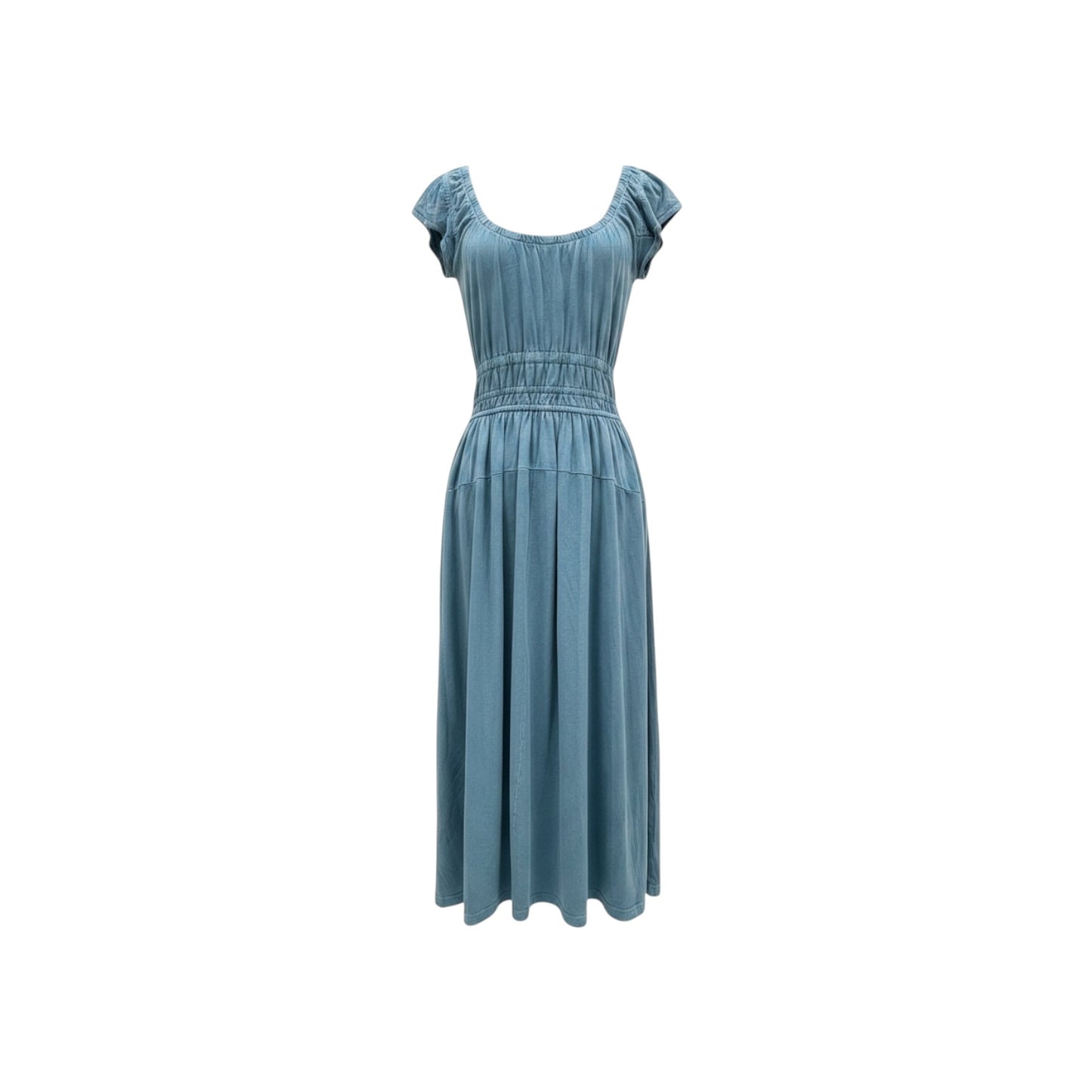 Treasure Bond Teal Chambray-Wash Organic Cotton Midi Dress Ruched Waist Cap Sleeve