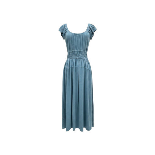 Treasure Bond Teal Chambray-Wash Organic Cotton Midi Dress Ruched Waist Cap Sleeve Size M - NWOT