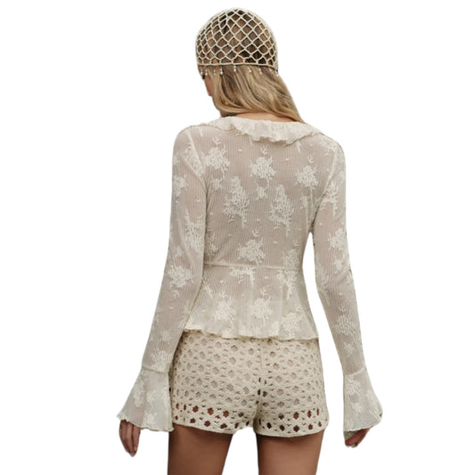 Semi Sheer Lace Floral Raffle Tie Top - Commense