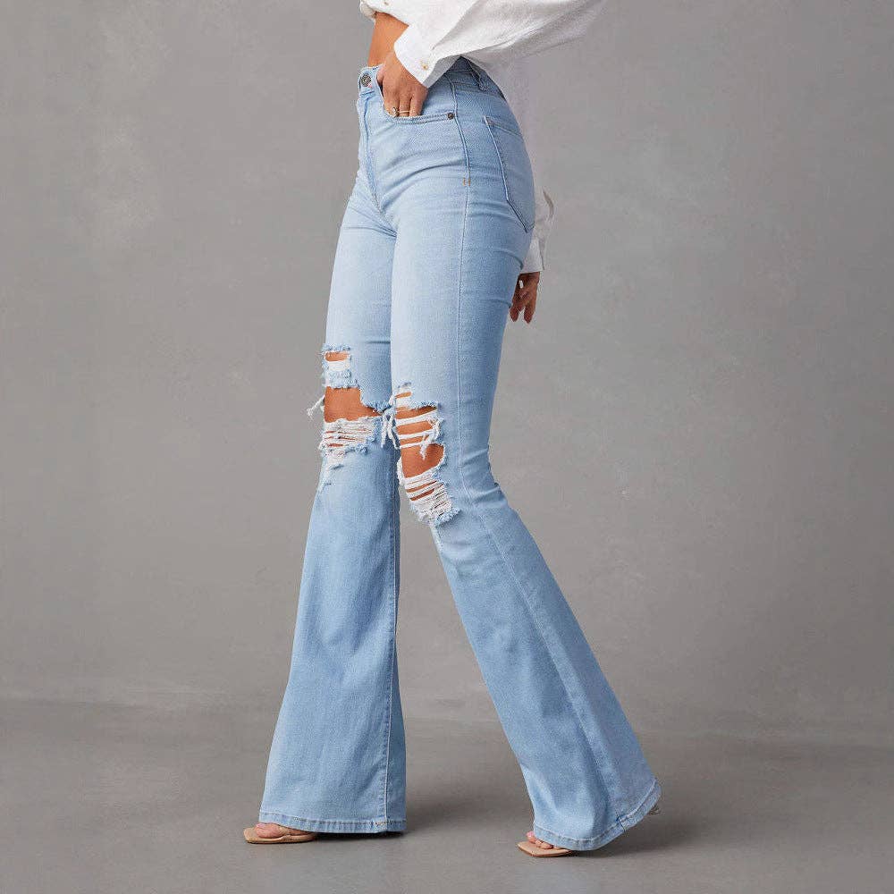 High Waist Distressed Denim Flare Pants for Women