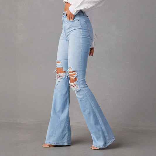 High Waist Distressed Denim Flare Pants for Women