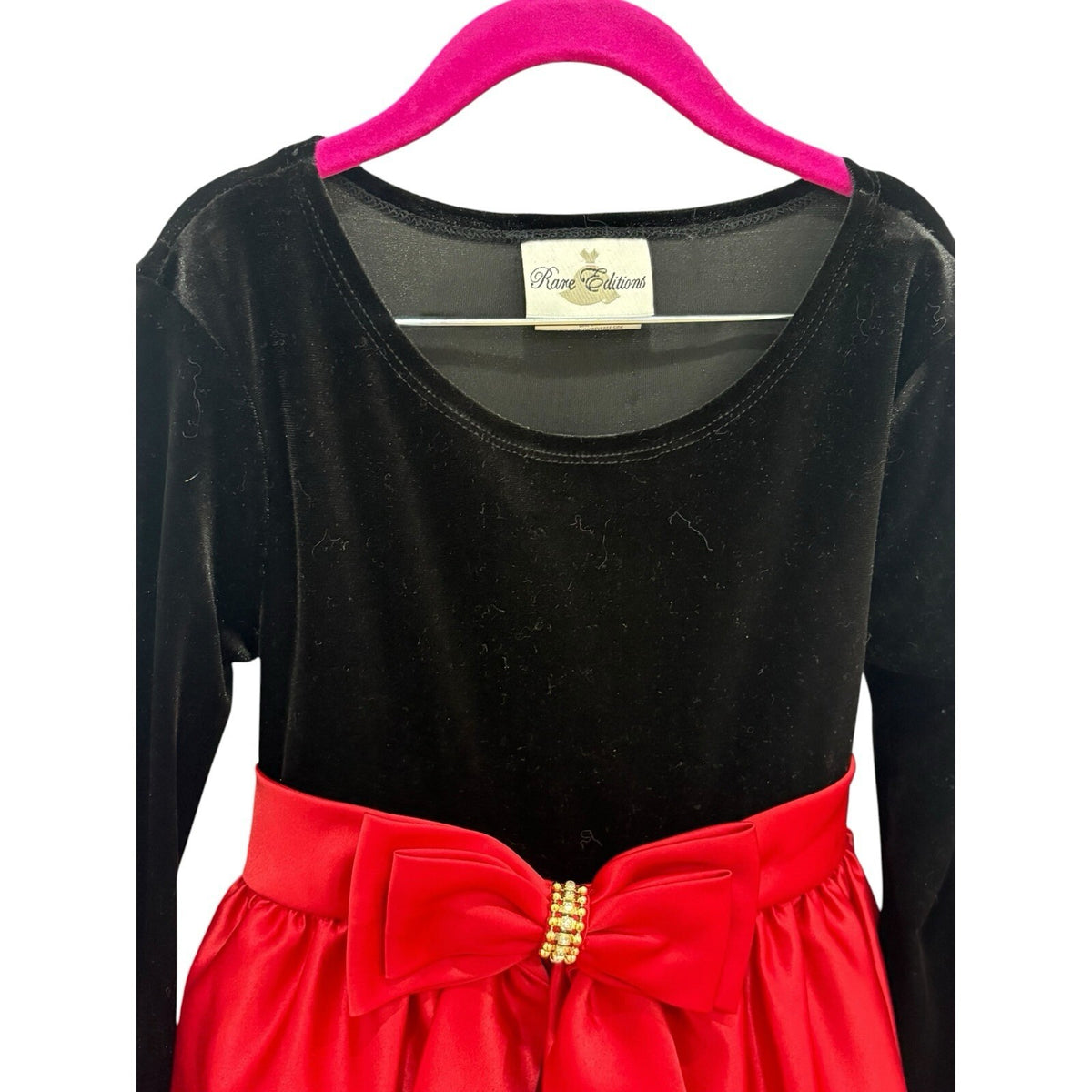 Rare Editions Girls Sz 5 Black Velvet Red Damask Bow Holiday Christmas Dress Preloved