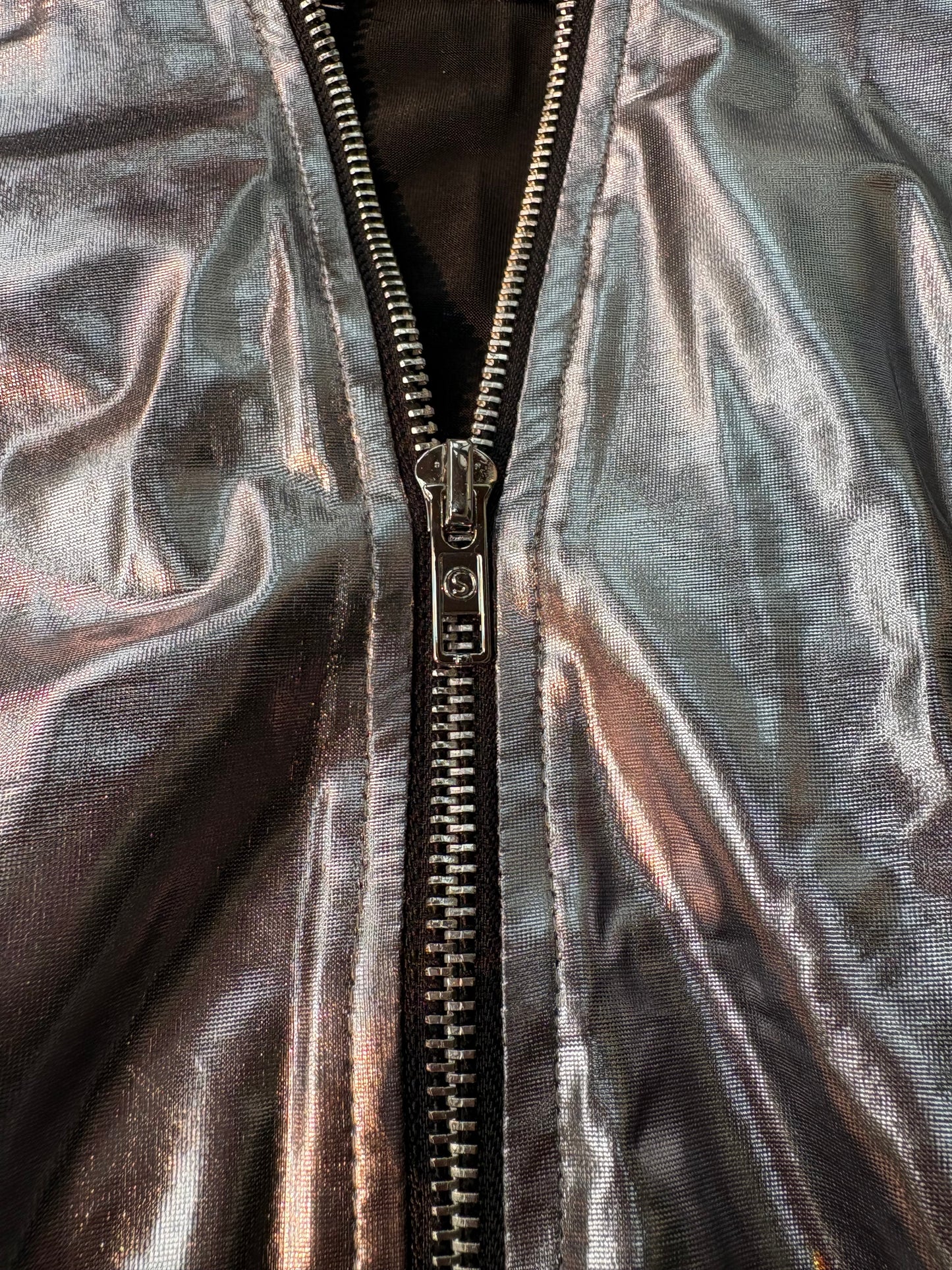 Metallic Gunmetal Silver Zip-Up Jacket Women’s XS Futuristic Windbreaker Moto Style - Preloved