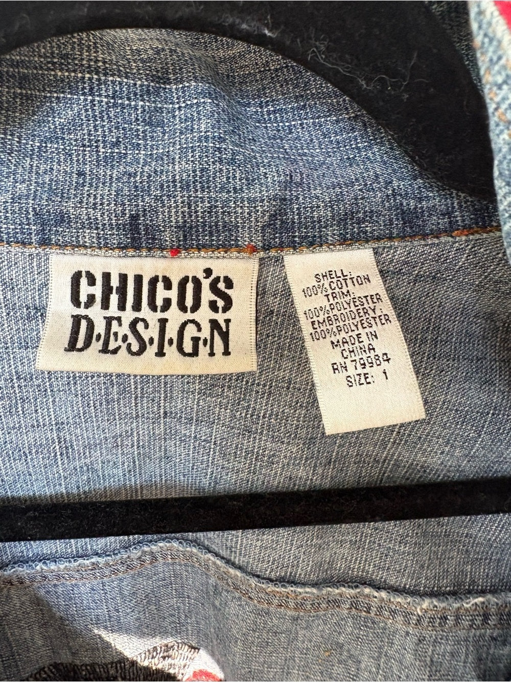 Vintage Chico’s Designed Denim Jacket Sequin Geisha Embroidery Appliqué US 8-10