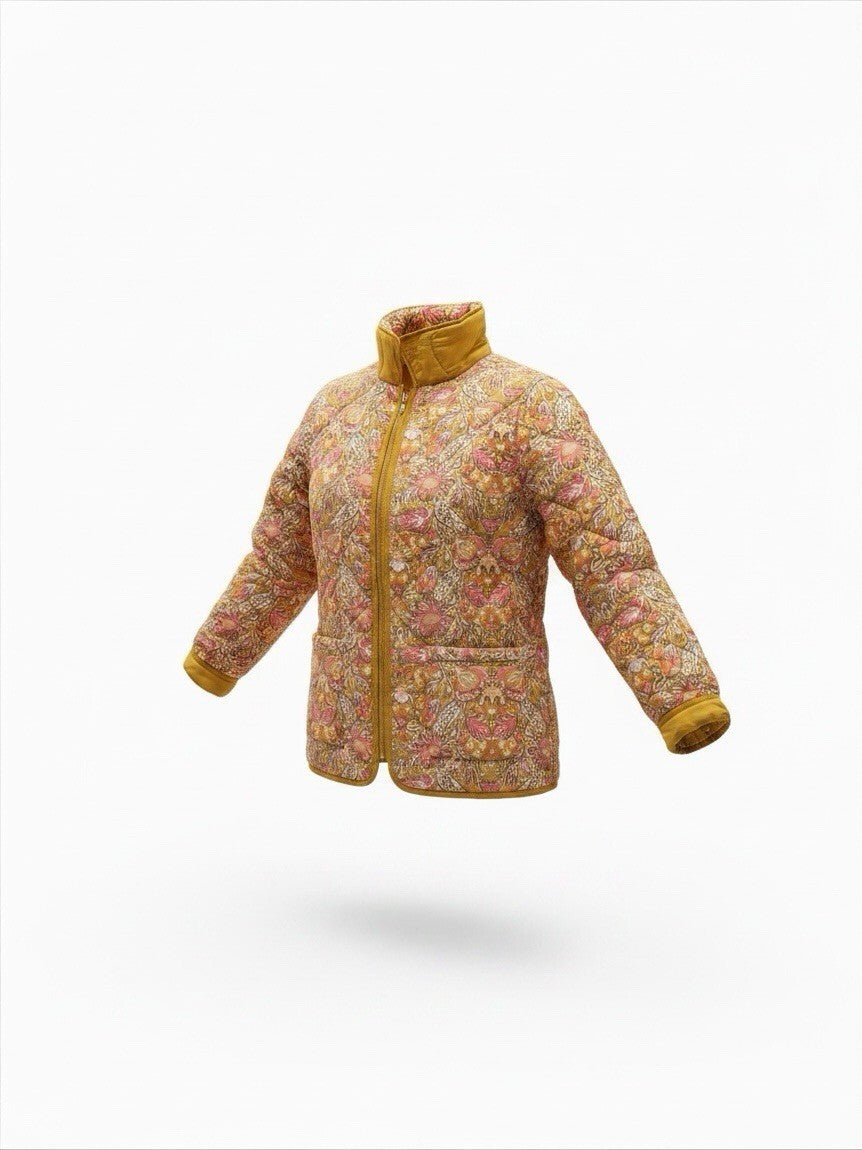 Isaac Mizrahi Live Reversible Quilted Barn Jacket Rich Mustard Floral Size US-M Preloved
