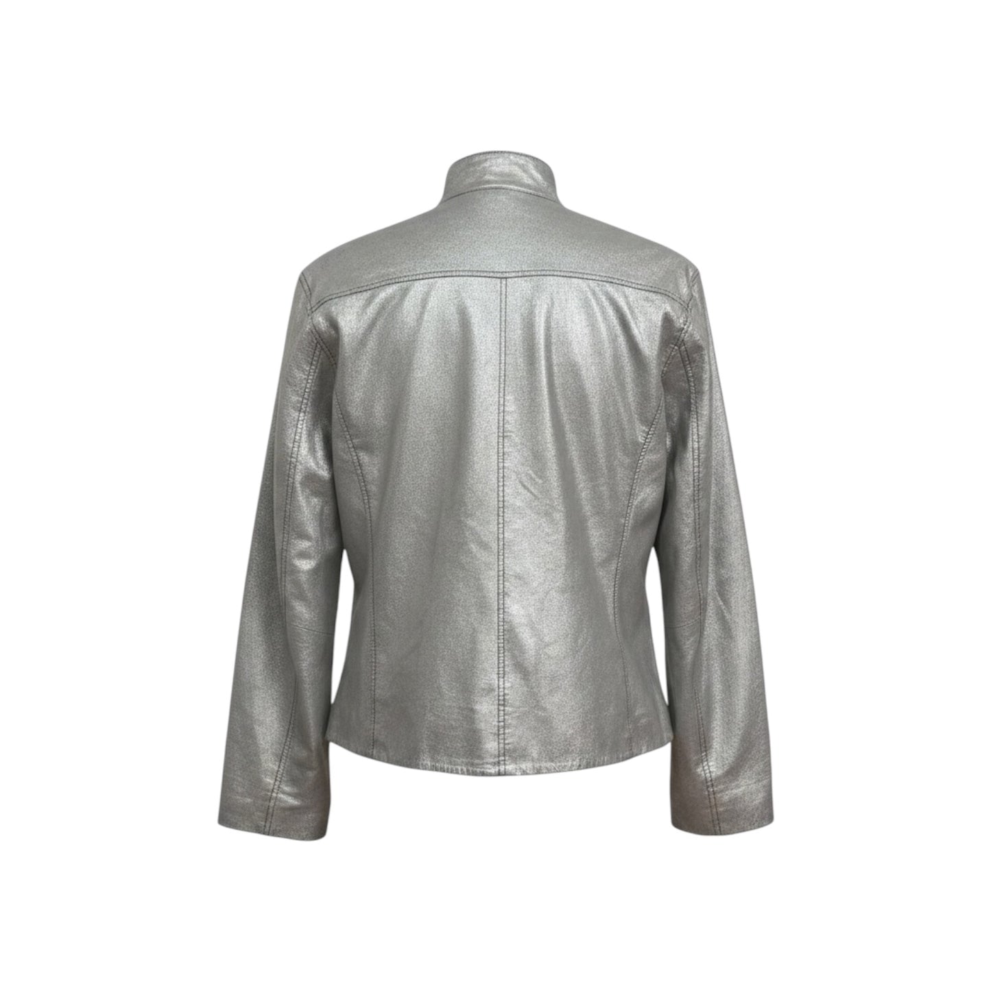 Chico’s Genuine Leather Metallic Silver Moto Jacket Size 1 (Medium 8) Crackle Preloved