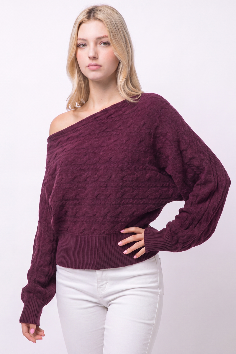 Asymmetric Cable-Knit Off-Shoulder