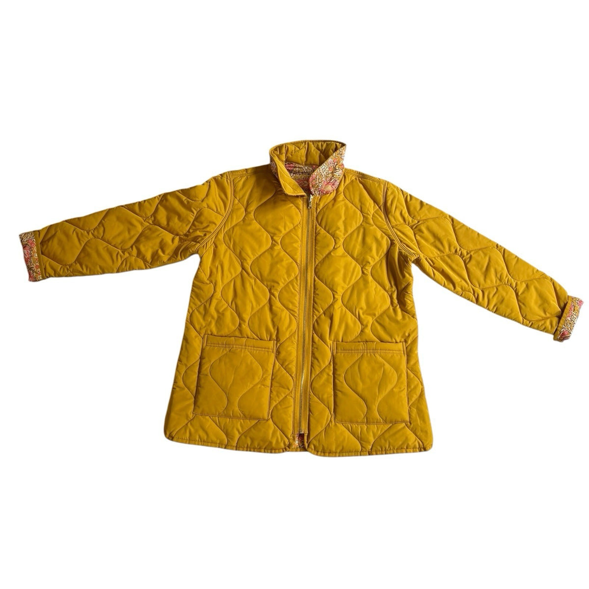 Isaac Mizrahi Live Reversible Quilted Barn Jacket Rich Mustard Floral Size US-M Preloved