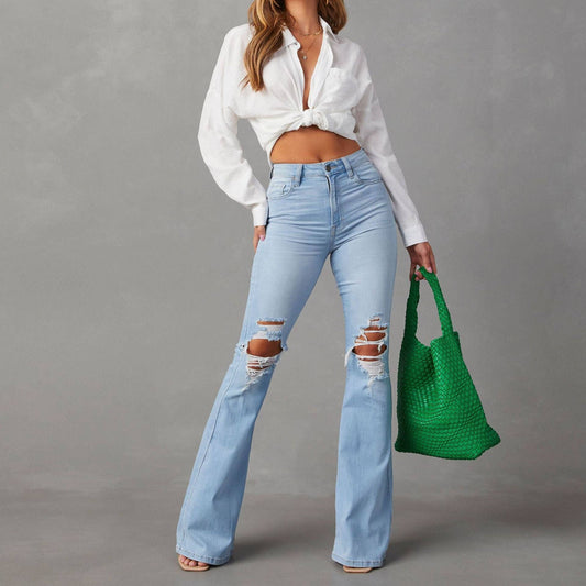 High Waist Distressed Denim Flare Pants for Women